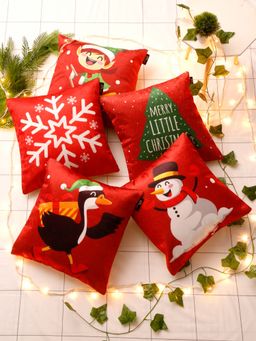 HOSTA HOMES - Red and White Velvet Square Cushion Covers (Set of 5) (16 x 16 Inches)