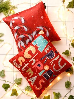 HOSTA HOMES - Red and White Christmas Printed Velvet Square Cushion Covers (Set of 2) (16 x 16 Inches)