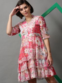 SHOWOFF - Womens V-neck Floral Off White Knee Length Dress