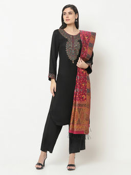 Safaa - Womens Black Acro Wool Woven Unstitched Suit with Katan silk Dupatta (Set of 3)