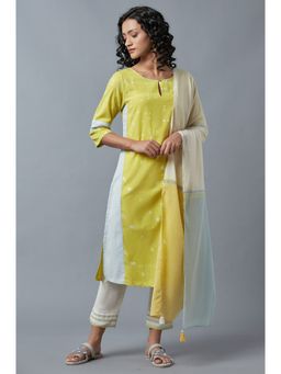 W - Yellow Geometric Kurta, Slim Pant & Dupatta (Set of 3)