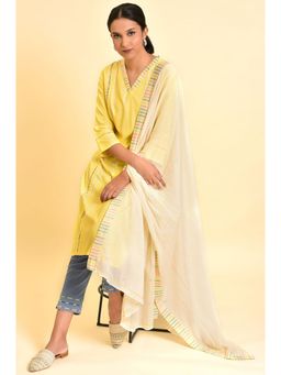 W - Yellow Geometric Kurta, Slim Pant & Dupatta (Set of 3)