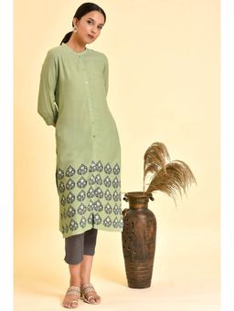 W - Green Floral Kurta, Slim Pant (Set of 2)