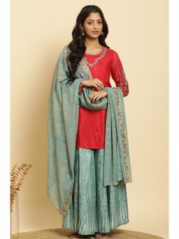 WISHFUL by W - Red Solid Kurta, Sharara & Dupatta (Set of 3)