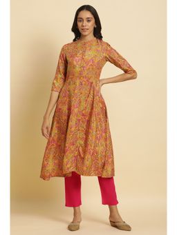 W - Women Pink Festive Striped Print Rayon Kurta With Flared Pant & Dupatta