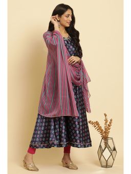 W - Blue Printed Kurta, Tight & Dupatta (Set of 3)