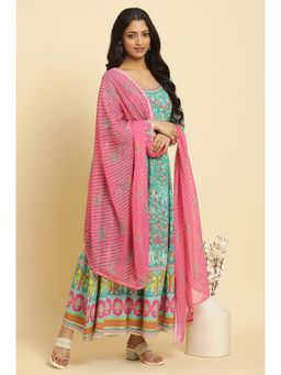 W - Teal Green Anarkali Printed Kurta, Leggings and Dupatta Set