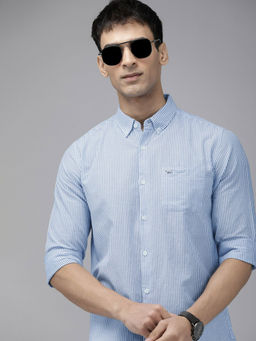 The Bear House - Mens Blue Striped Slim Fit Casual Shirt
