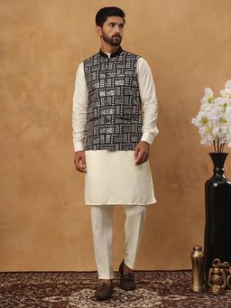 Jompers - Men Black Silk Blend Embroidered Kurta with Pyjama and Nehru Jacket
