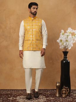 Jompers - Men Mustard Silk Blend Embroidered Kurta with Pyjama and Nehru Jacket