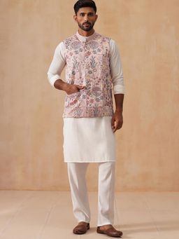 Jompers - Men Peach Silk Blend Embroidered Kurta with Pyjama and Nehru Jacket