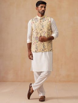 Jompers - Men Yellow Silk Blend Embroidered Kurta with Pyjama and Nehru Jacket