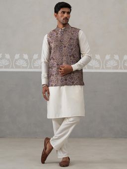 Jompers - Men Purple Silk Blend Floral Kurta with Pyjama and Nehru Jacket