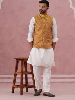 Jompers - Men Mustard Silk Blend Embroidered Kurta with Pyjama and Nehru Jacket