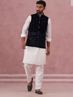 Jompers - Men Blue Velvet Embroidered Kurta with Pyjama and Nehru Jacket