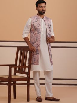 Jompers - Men Peach Silk Blend Embroidered Kurta with Pyjama and Nehru Jacket
