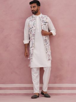 Jompers - Men White Silk Blend Embroidered Kurta with Pyjama and Nehru Jacket