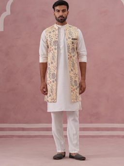 Jompers - Men Yellow Silk Blend Embroidered Kurta with Pyjama and Nehru Jacket