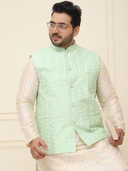 SOJANYA - Men Green Silk Blend Embroidered Nehru Jacket