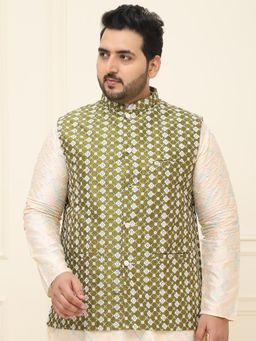 SOJANYA - Men Green Silk Blend Embroidered Nehru Jacket