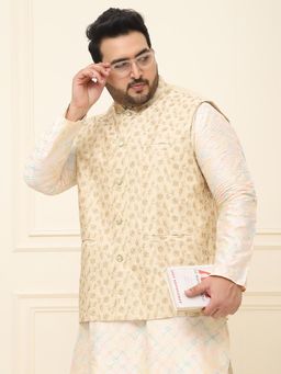 SOJANYA - Men Beige Silk Blend Embroidered Nehru Jacket