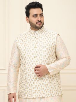 SOJANYA - Men Cream Silk Blend Embroidered Nehru Jacket