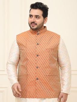 SOJANYA - Men Orange Silk Blend Woven Nehru Jacket