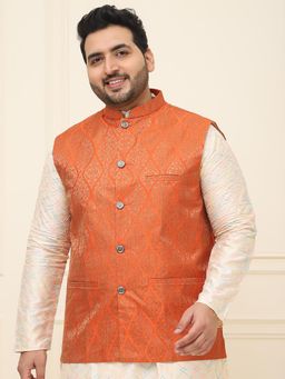 SOJANYA - Men Orange Silk Blend Woven Nehru Jacket
