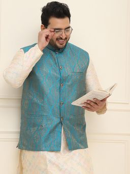 SOJANYA - Men Teal Silk Blend Woven Nehru Jacket