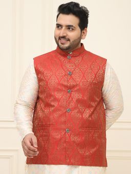 SOJANYA - Men Red Silk Blend Woven Nehru Jacket