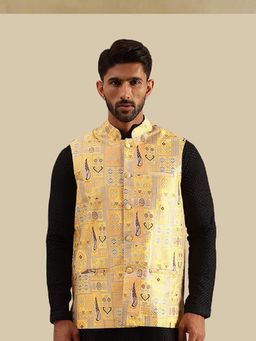 SOJANYA - Men Yellow Silk Blend Woven Nehru Jacket