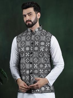 SOJANYA - Men Black Silk Embroidered Nehru Jacket