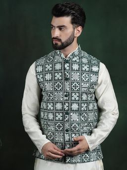 SOJANYA - Men Green Silk Embroidered Nehru Jacket