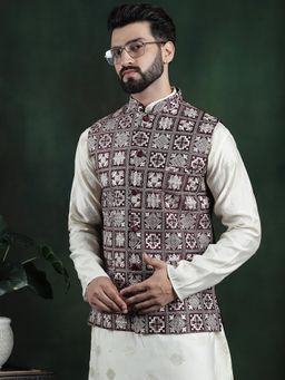 SOJANYA - Men Maroon Silk Embroidered Nehru Jacket