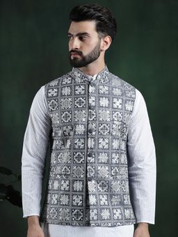 SOJANYA - Men Grey Silk Embroidered Nehru Jacket