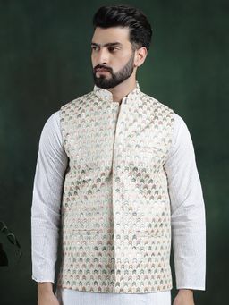 SOJANYA - Men Cream Silk Embroidered Nehru Jacket