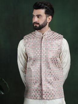 SOJANYA - Men Peach Silk Embroidered Nehru Jacket
