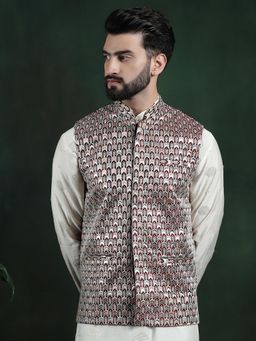 SOJANYA - Men Maroon Silk Embroidered Nehru Jacket