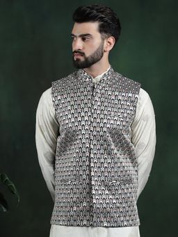 SOJANYA - Men Navy Blue Silk Embroidered Nehru Jacket