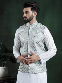 SOJANYA - Men Blue Silk Embroidered Nehru Jacket
