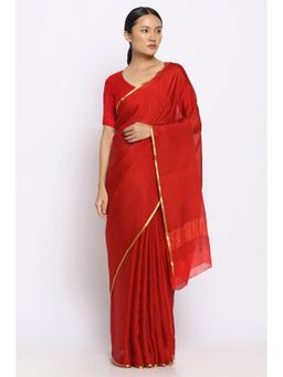 Via East - Striped Red Crepe Saree with Unstitched Blouse
