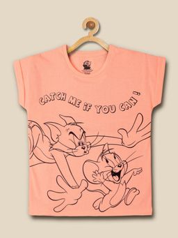 Kidsville - Kids Girls Tom & Jerry Neon Orange Printed T-Shirt