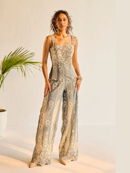 Lea Clothing - Women Blue Opalite Lace Detailed Trousers