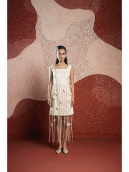 SHOWSHA - Beige Floral Fringe A Line Mini Dress