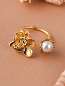 Palmonas - Womens Waterproof Open Shank Floral Pearl Gold Ring - Adjustable