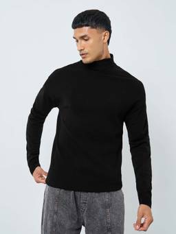 Styli - Men Black Textured Turtle Neck Relaxed Sweater