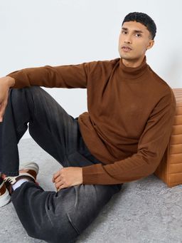 Styli - Men Brown Textured Turtle Neck Relaxed Sweater