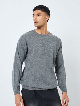 Styli - Men Grey Textured Round Neck Relaxed Sweater