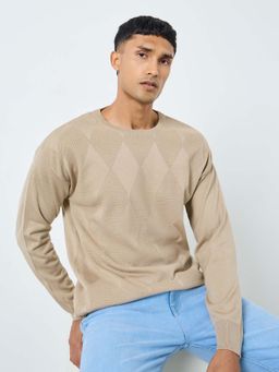 Styli - Men Beige Textured Relaxed Sweater