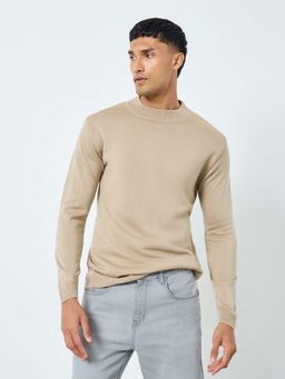 Styli - Men Beige Textured Regular Fit Sweater